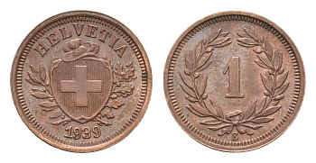 Швейцария 1 раппен 1939 B, самый редкий год тиража - 10.000 экземпляров KM 3.2 бронза 1528-333