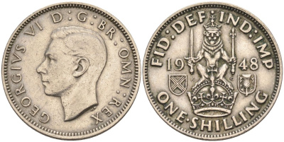 Великобритания 1 шиллинг 1948 Георг VI (1936-1952), Шотландский герб KM 864, Spink 4104 медно-никель 4116-825
