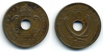 ВОСТОЧНАЯ АФРИКА 10 ЦЕНТОВ 1952 бронза 4-953