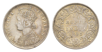 Британская Индия 1/4 рупии 1893 Виктория (1837-1901) KM 490 серебро    1528-941