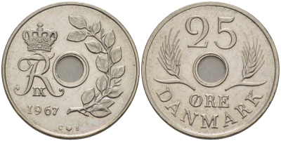 Дания 25 эре 1967 С; S, Фредерик IX (1947-1972) KM 855.1 медно-никель 67-555