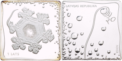 Латвия 1 лат 2009 H2O - вода, квадратная KM 104 серебро PROOF 1088-4-42