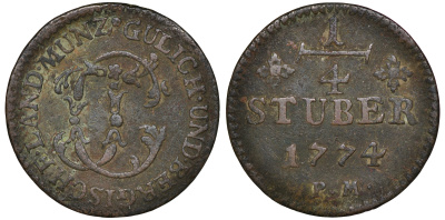 Юлих-Берг 1/4 штюбера 1774 PM, Карл Теодор (1777-1799) KM 205 медь 1523-812