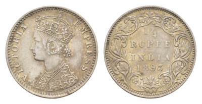 Британская Индия 1/4 рупии 1893 Виктория (1837-1901) KM 490 серебро    1528-941