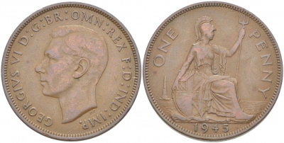 Великобритания 1 пенни 1945 Георг VI (1936-1952) KM 845, Spink 4114 бронза 4403-642