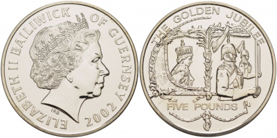 Гернси 5 фунтов 2002 50 лет правления королевы Елизавты II (королева в карете) KM 119 медно-никель UNC 04-092-31-M15-16