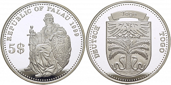 Палау 5 долларов 1999 немецкие колонии, Того KM 24 серебро PROOF 1077-9-64