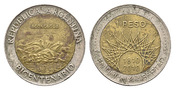 Аргентина 1 песо 2010 200 лет Аргентине - вулкан Аконкагуа KM 157 биметалл 4663-645