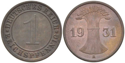 Германия 1 рейхспфенниг 1931 A KM 37, J. 313, Weege 2 бронза 206-839