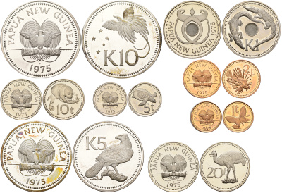 Папуа-Новая Гвинея набор из 8 монет 1975 официальный набор в оригинальной коробке, с сертификатом, тираж 42340 экземпляров KM PS1, KM 1-6,7a, 8a   PROOF  14-01-04-09