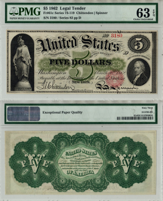 США, Legal Tender 5 долларов 1862 В слабе компании PMG. Сохранность - «63 EPQ». Fr. 61 c  бумага  UNC (пресс) 10-2-3