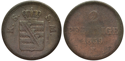 САКСОНИЯ 2 ПФЕННИГА 1859 F KM 1185 медь 75-967