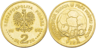 Польша 2 злотых 2006 MW, чемпионат мира по футболу, Германия 2006, FIFA KM 606, Parchimowicz 992 латунь 4542-836