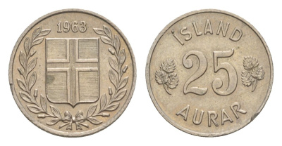 Исландия 25 эйре 1963 KM 11 медно-никель UNC 4632-948