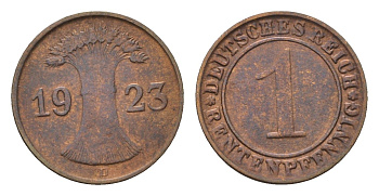 Германия 1 рентенпфенниг 1923 D KM 30, J. 306 бронза 4696-555