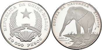 Гвинея-Бисау 20000 песо 1993 серия охрана природы, слон KM 33 серебро PROOF 00-00