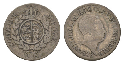 Вюртемберг 6 крейцеров 1823 Вильгельм I (1816-1864) KM 544 серебро 4625-964