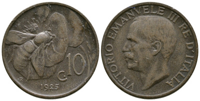 ИТАЛИЯ 10 ЧЕНТЕЗИМО 1925 R, ПЧЕЛА KM 60 медь 4382-1111