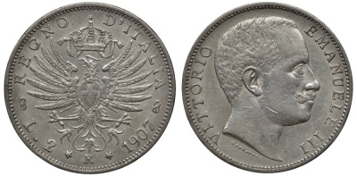 Италия 2 лиры 1907 R, Виктор Эммануил III (1900-1948), Савойский орел (символ Рима), KM 33 серебро 00-821-44