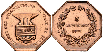 Франция жетон 1803 Общество слесарей городА Парижа, основано 3 сентября 1830, в лаке медь 1085-6-63