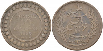 Тунис 10 сантимов 1893 АН 1310, Али III ибн аль-Хусейн KM 222 бронза 3457-526