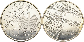 ФРГ 10 евро 2003 А, 50-я годовщина народного восстания 1953 года в ГДР KM 226, DE.S. 10.9 серебро PROOF 02-116-24