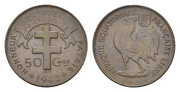 Французская Экваториальная Африка 50 сантимов 1942 год-тип KM 1 латунь 4669-445