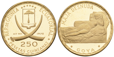 Экваториальная Гвинея 250 песет 1970 Гойя - Маха обнаженная KM 20.1 золото PROOF 00-808-01