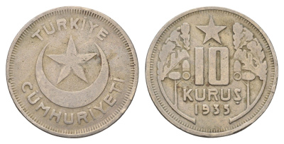 Турция 10 курушей 1935 редкий год - тираж 60.000 экземпляров KM 863 медно-никель 3711-1145