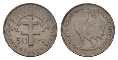 Французская Экваториальная Африка 50 сантимов 1942 год-тип KM 1 латунь 4669-445