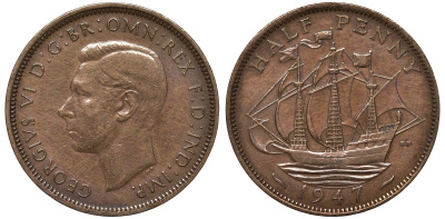 Великобритания 1/2 пенни 1947 Георг VI (1936-1952) KM 844, Spink 4115 бронза 4122-812