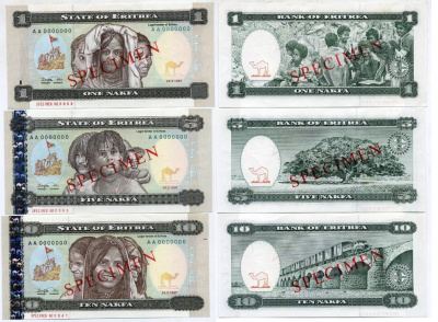 Эритрея набор из 6 банкнот 1997 SPESIMEN, образец Pick 1s,2s,3s,4s,5s,6s бумага UNC (пресс) 451-347-1