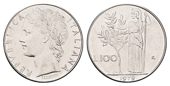 Италия 100 лир 1979 R, Афина в доспехах KM 96.1 нержавеющая сталь 4631-814