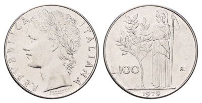 Италия 100 лир 1979 R, Афина в доспехах KM 96.1 нержавеющая сталь 4631-814