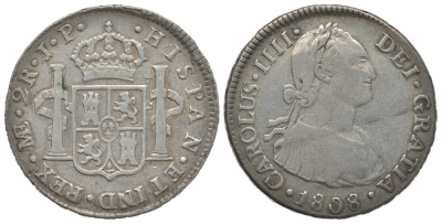 ПЕРУ 2 РЕАЛА 1808 JP КАРЛ IIII KM 95 серебро 1522-812