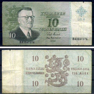 Финляндия 10 марок 1963 серия BA3267176 Pick 104a (102)  бумага   8601-25-4-2