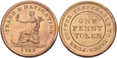 Канада 1 пенни 1813 Trade & navigation, токен  медь 00-00