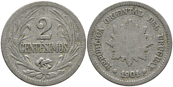 УРУГВАЙ 2 СЕНТЕСИМО 1901 KM 20 медно-никель 72-1142