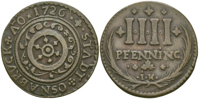Оснабрюк 4 пфеннига 1726 KM 13, Kennepohl 480 медь 65-643