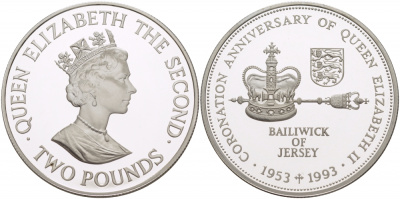 ДЖЕРСИ 2 ФУНТА 1993 40 ЛЕТ КОРОНАЦИИ ЕЛИЗАВЕТА II KM 89а серебро PROOF 1081-9-33