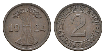 Германия 2 рейхспфеннига 1924 A KM 38, J. 314 бронза 4684-1128