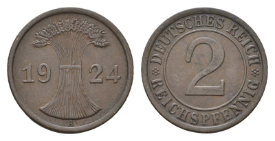 Германия 2 рейхспфеннига 1924 A KM 38, J. 314 бронза 4684-1128