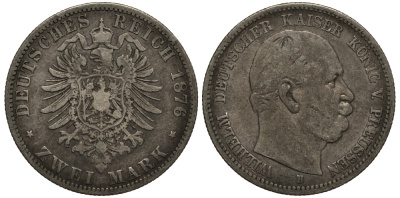 Пруссия 2 марки 1876 B, Вильгельм I (1861-1888) Weege 96, J. 96, KM 506 серебро 3711-643