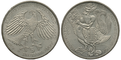 ФРГ 5 марок 1976 D, 300 лет со дня смерти Ганса Якоба Кристоффеля фон Гриммельсгаузена (1622-1676) KM 144, J. 419 серебро 180-1026