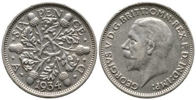 Великобритания 6 пенсов 1934 Георг V (1910-1936) KM 832, Spink 4041 серебро 1518-813