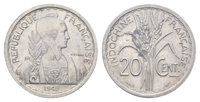 Французский Индокитай 20 сантимов 1945 литера B KM 29.2 алюминий 4675-1026