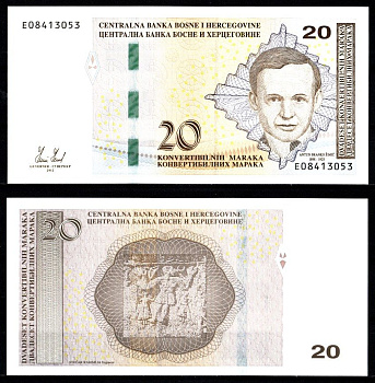Босния и Герцеговина 20 конвертируемых марок 2012 Антун Бранко Шимич, фрагмент Стечака Радимля Pick 82 a бумага UNC (пресс) 7523-50-4-2
