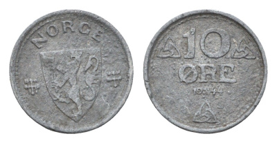 Норвегия 10 эре 1944 Хокон VII (1905-1957) KM 389 цинк 4136-757