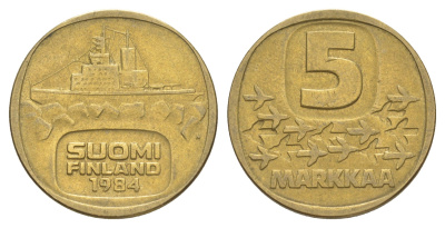 Финляндия 5 марок 1984 KM 57 алюминиевая бронза 4648-627