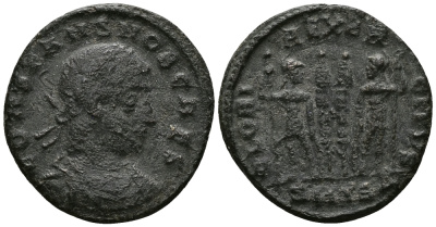 Римская Империя нуммий 335 - 336 Констант GLORIA EXERCITVS Августа Фессалоника Very fine (степень редкости R1) RIC 201 бронза 1073-6-53